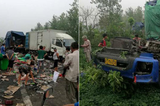 河河南鄧州境內(nèi)兩貨車深夜追尾 半掛車車頭被撞掉